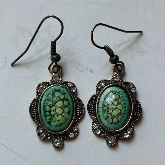 Dark Green multi tone ornate oval rhinestone drop earrings in bronze tone - Picture 1 of 5
